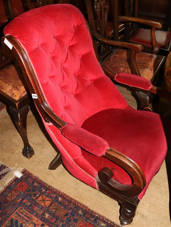 Victorian upholstered scroll armchair